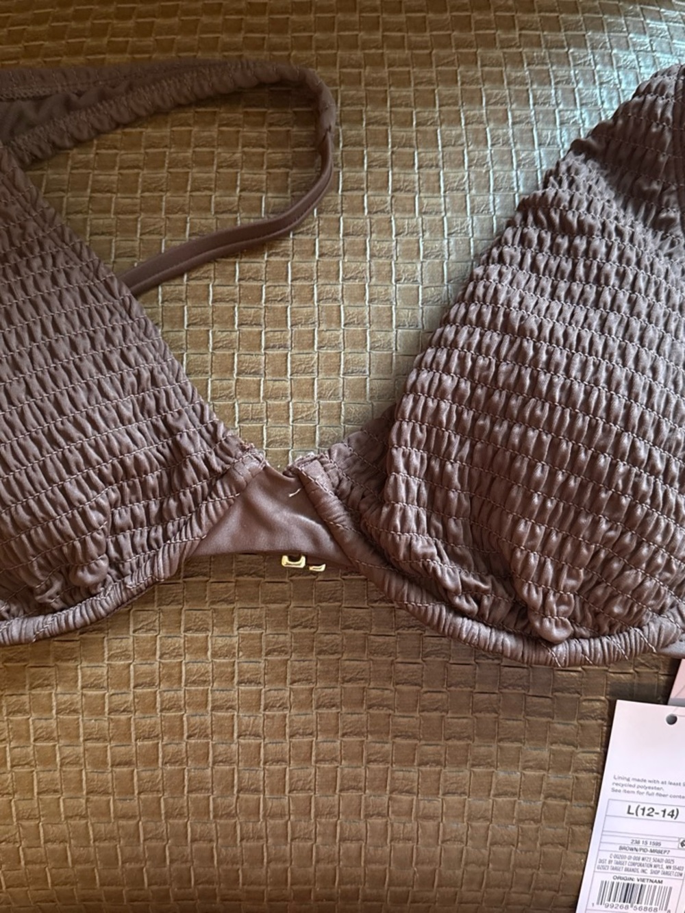 Smocked Underlined Wire Triangle Bikini Top - Brown